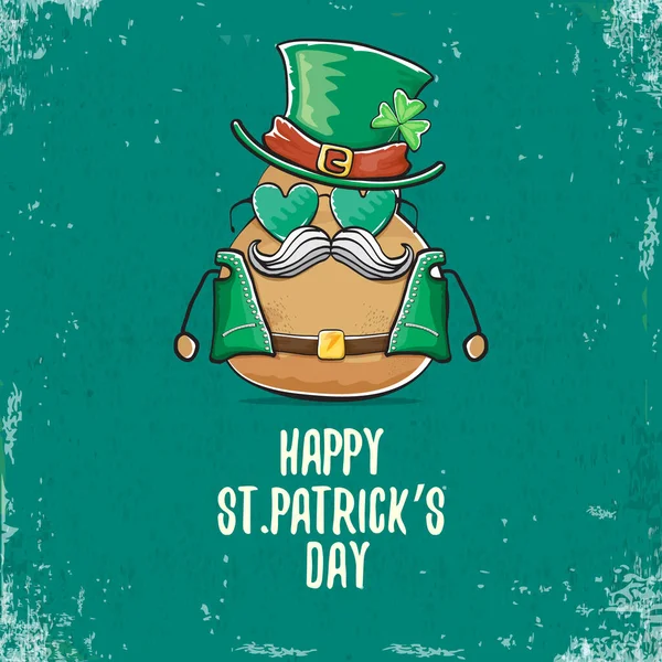 Joyeux saint patricks jour carte de vœux avec funky leprechaun rock star pomme de terre personnage avec des particules vertes chapeau isolé sur fond turquoise. Rock n roll hipster légume caractère funky — Image vectorielle