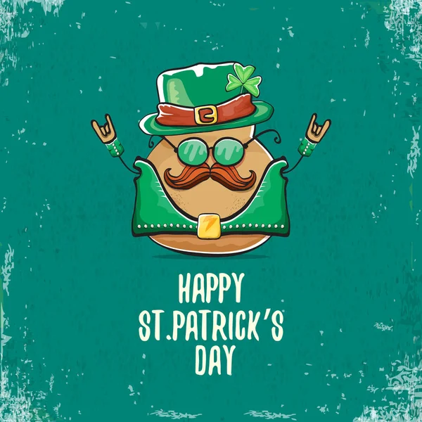 Happy Saint Patricks Day Grußkarte mit funky Kobold Rockstar Kartoffel Charakter mit grünen Particks Hut isoliert auf türkisfarbenem Hintergrund. Rock n Roll Hipster Gemüse funky Charakter — Stockvektor