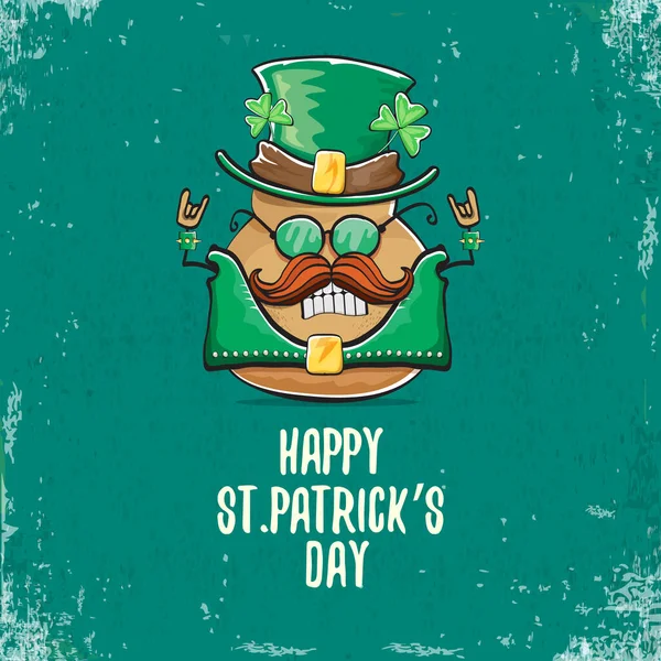 Happy Saint Patricks Day Grußkarte mit funky Kobold Rockstar Kartoffel Charakter mit grünen Particks Hut isoliert auf türkisfarbenem Hintergrund. Rock n Roll Hipster Gemüse funky Charakter — Stockvektor
