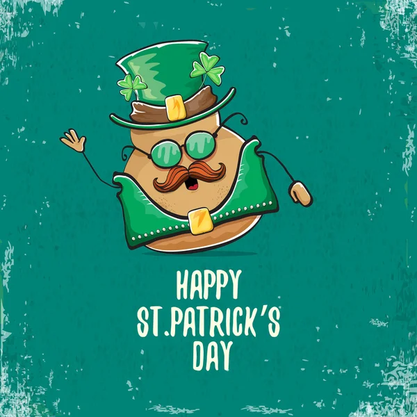 Happy Saint Patricks Day Grußkarte mit funky Kobold Rockstar Kartoffel Charakter mit grünen Particks Hut isoliert auf türkisfarbenem Hintergrund. Rock n Roll Hipster Gemüse funky Charakter — Stockvektor