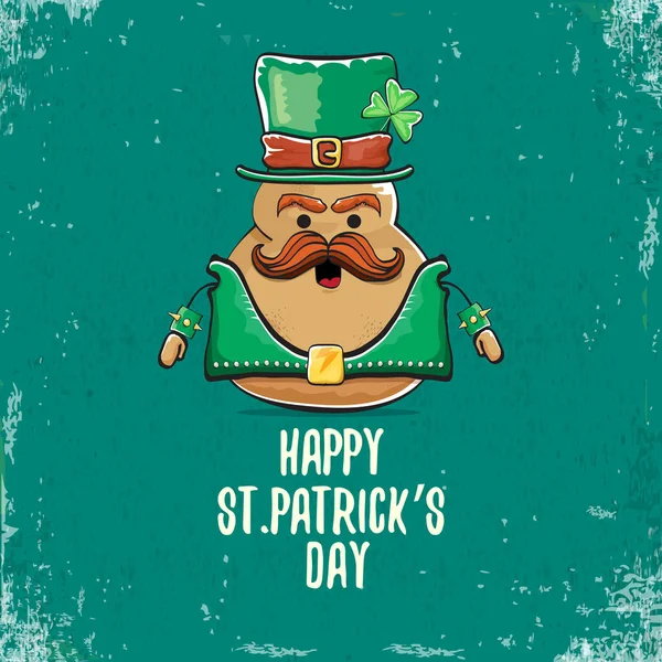 Mutlu Aziz Patricks Günü tebrik kartı içinde turkuaz arka planda izole edilmiş yeşil parçalı yeşil şapkalı cüce rock yıldızı patates karakteri. Rock n roll hipster Sebze funky karakteri — Stok Vektör