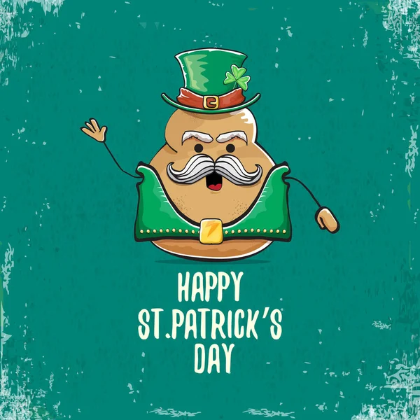 Joyeux saint patricks jour carte de vœux avec funky leprechaun rock star pomme de terre personnage avec des particules vertes chapeau isolé sur fond turquoise. Rock n roll hipster légume caractère funky — Image vectorielle