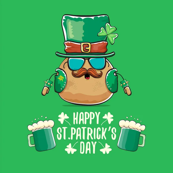 Happy saint patricks day greeting card with funky leprechaun rock star potato character with green particks hat and beer isolated on green background. Rock n roll hipster vegetable funky character — Stock Vector
