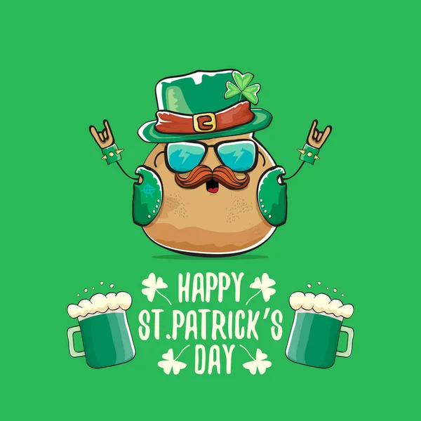 Happy saint patricks day greeting card with funky leprechaun rock star potato character with green particks hat and beer isolated on green background. Rock n roll hipster vegetable funky character — Stock Vector