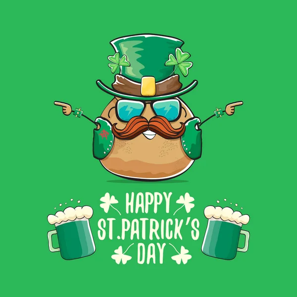 Happy saint patricks day greeting card with funky leprechaun rock star potato character with green particks hat and beer isolated on green background. Rock n roll hipster vegetable funky character — Stock Vector