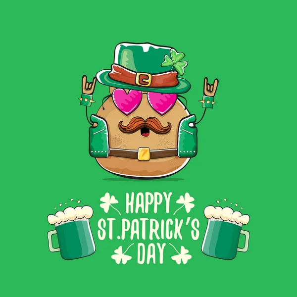 Happy Saint Patricks Day Grußkarte mit funky Kobold Rockstar Kartoffelfigur mit grünem Hut und Bier isoliert auf grünem Hintergrund. Rock n Roll Hipster Gemüse funky Charakter — Stockvektor