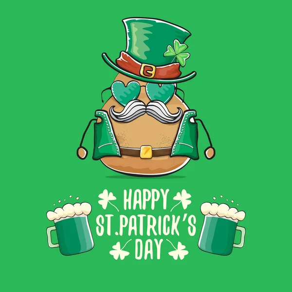 Happy saint patricks day greeting card with funky leprechaun rock star potato character with green particks hat and beer isolated on green background. Rock n roll hipster vegetable funky character — Stock Vector