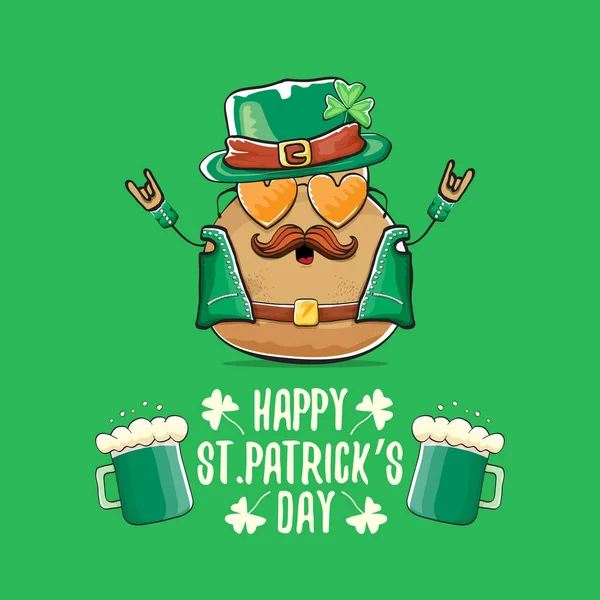 Happy saint patricks day greeting card with funky leprechaun rock star potato character with green particks hat and beer isolated on green background. Rock n roll hipster vegetable funky character — Stock Vector