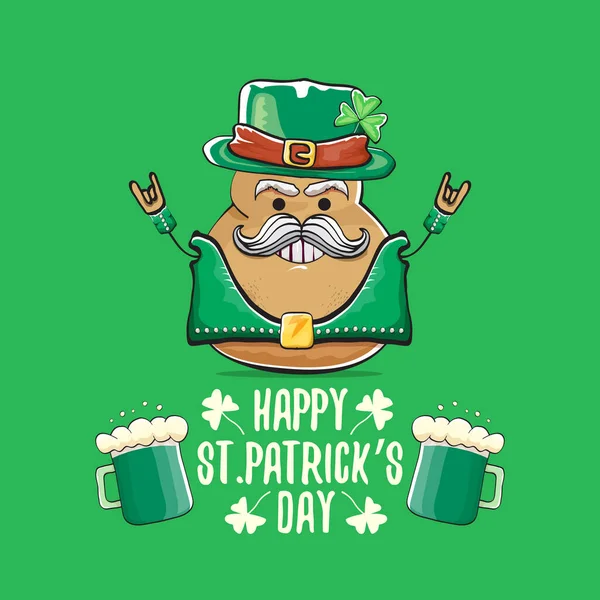 Happy saint patricks day greeting card with funky leprechaun rock star potato character with green particks hat and beer isolated on green background. Rock n roll hipster vegetable funky character — Stock Vector