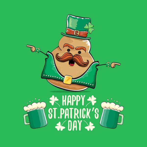 Happy saint patricks napi üdvözlőlap funky kobold rocksztár burgonya karakter zöld részecskék kalap és sör elszigetelt zöld háttérrel. Rock n roll hipster növényi funky karakter — Stock Vector
