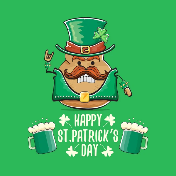 Joyeux saint patricks jour carte de vœux avec funky leprechaun rock star caractère de pomme de terre avec des particules vertes chapeau et bière isolé sur fond vert. Rock n roll hipster légume caractère funky — Image vectorielle