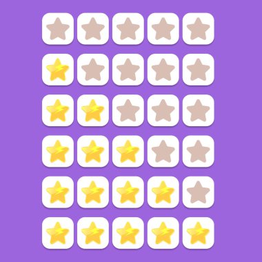 Beş yıldız derecelendirme simgesi hazır. Çizgi film yıldızları ile istemci geribildirim sistemi derecesi. funky Web sayfası tasarım şablonunu değerlendir