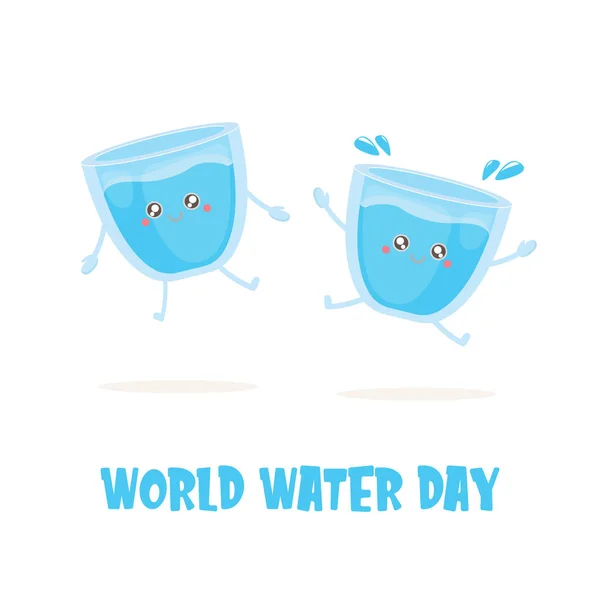 Plantilla de diseño de tarjeta de felicitación o pancarta del día mundial del agua con divertido personaje de vidrio de agua sonriente de dibujos animados aislado sobre fondo blanco. Día internacional del agua concepto vector ilustración — Vector de stock