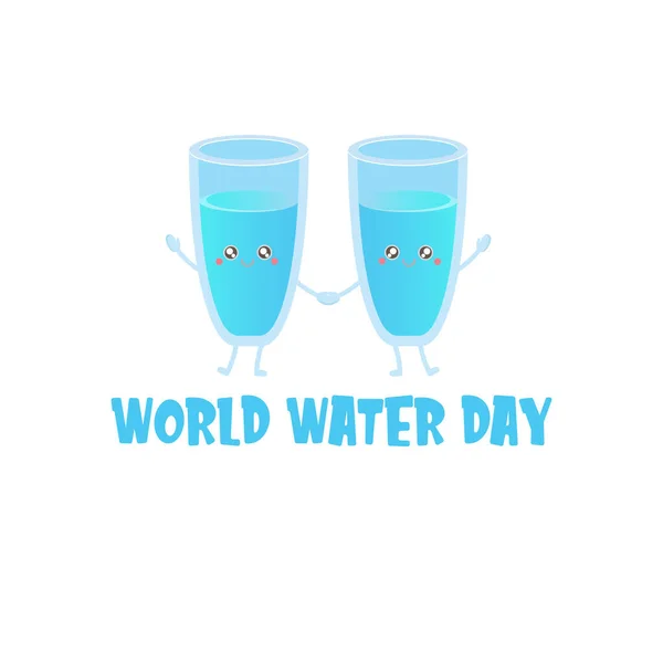 Světový den vody blahopřání nebo banner design šablony s legrační karikatura usmívající se vodní sklo charakter izolované na bílém pozadí. Mezinárodní vodní den koncept vektor ilustrace — Stockový vektor