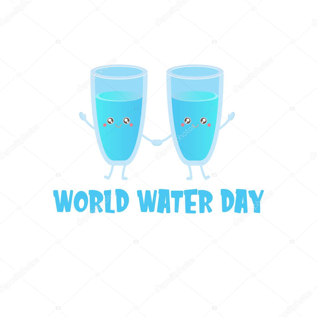 World water day greeting card design template with funny cartoon smiling water glass character isolated on white background . International water day concept vector illustration