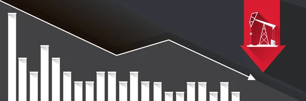 Olieprijs daalt grafiek vector concept horizontale banner met pijlen en olieplatforms geïsoleerd op grijze achtergrond. achtergrond van de vector zakelijke markt illustratie — Stockvector