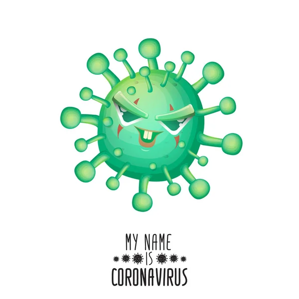 ベクターcovid-19ウイルス小説コロナウイルス2019-nCoV白地に単離された漫画キャラクター。私の名前はコロナウイルスのコンセプトイラストです。緑のウイルス細胞微生物アイコン. — ストックベクタ