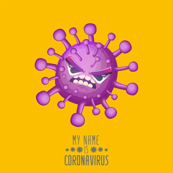 ベクターcovid-19ウイルス小説コロナウイルス2019-nCoVオレンジ色の背景に単離された漫画のキャラクター。私の名前はコロナウイルスのコンセプトイラストです。バイオレットウイルス細胞微生物アイコン. — ストックベクタ