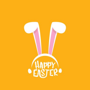 Vector happy easter greeting card with white easter bunny funky mask with rabbit ears and easter text isolated on orange background. clipart