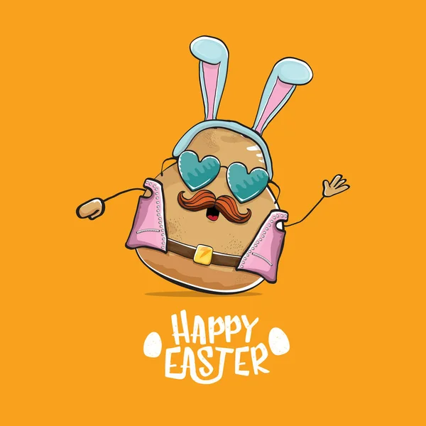 Vecteur rock star Pâques pomme de terre drôle personnage de dessin animé avec des oreilles de lapin bleu isolé sur fond orange. rock n roll affiche de fête de Pâques ou carte de vœux de Pâques heureux — Image vectorielle