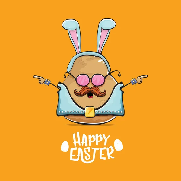 Vektor Rockstar Osterkartoffel lustige Zeichentrickfigur mit blauen Hasenohren isoliert auf orangefarbenem Hintergrund. Rock n Roll-Osterparty-Plakat oder Glückwunschkarte zu Ostern — Stockvektor