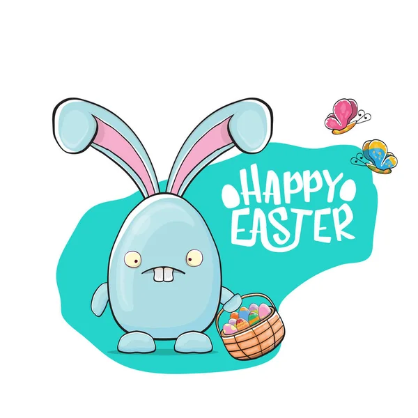Frohe Ostern Grußkarte mit niedlichen Karikatur blauen Kaninchen hält Osterkorb mit Stapel von bunten Eiern. Ostereiersuche handgezeichnetes Konzept Illustration Banner. — Stockvektor