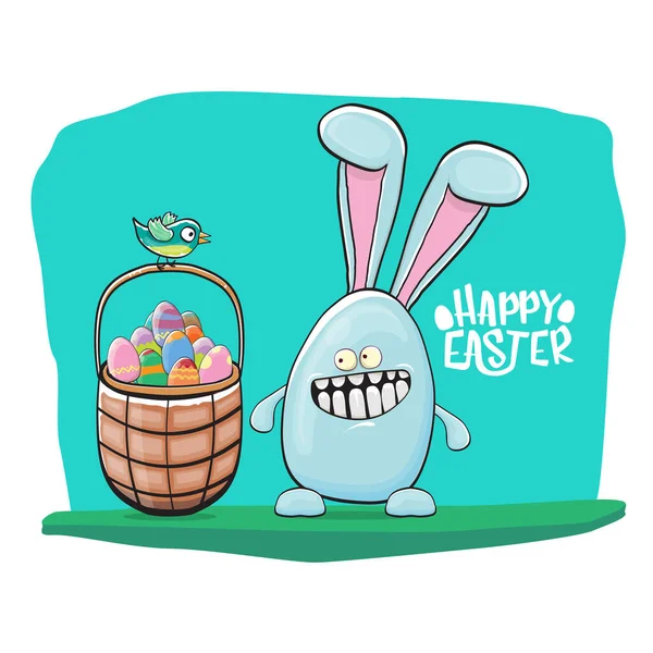 Vrolijk Pasen wenskaart met schattige cartoon blauw konijn met Pasen mand met stapel van kleurrijke eieren. Paaseieren jacht hand getekend concept illustratie banner. — Stockvector