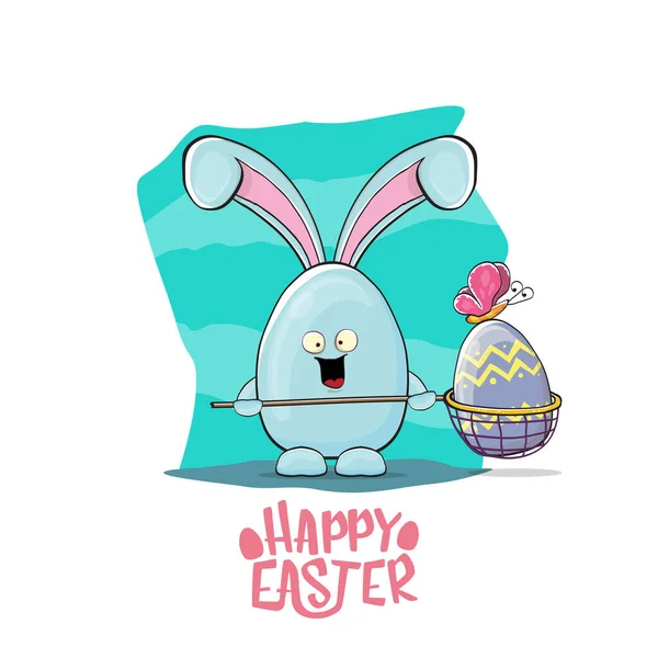 Frohe Ostern Grußkarte mit lustigen Karikatur blauen Kaninchen hält Schmetterlingsnetz. Ostereiersuche handgezeichnetes Konzept Illustration Banner. — Stockvektor