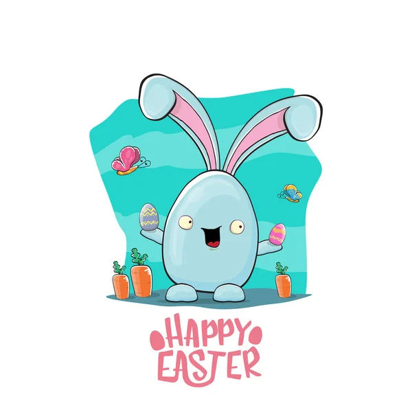 Happy easter greeting card with funny cartoon smiling blue bunny . Easter h2and drawn banner or poster with funky rabbit. — Stock Vector