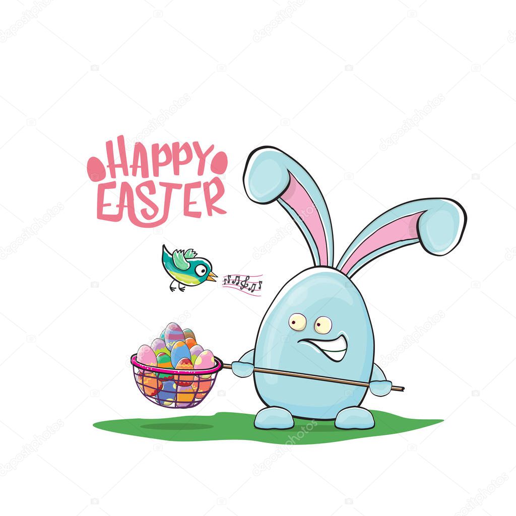 Happy easter greeting card with funny cartoon blue rabbit holding butterfly net. Easter egg hunt hand drawn concept illustration banner.