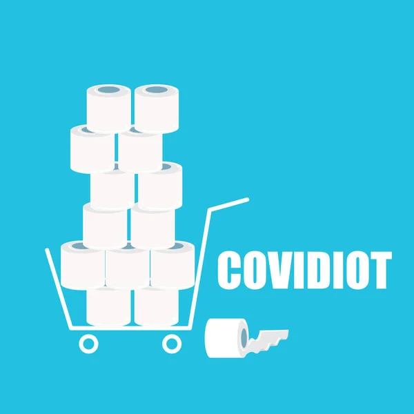 Covidiot vector concept illustration with shopping cart full of toilet paper on white background. Deficit of toilet paper concept illustration.Self isolation concept illustration.