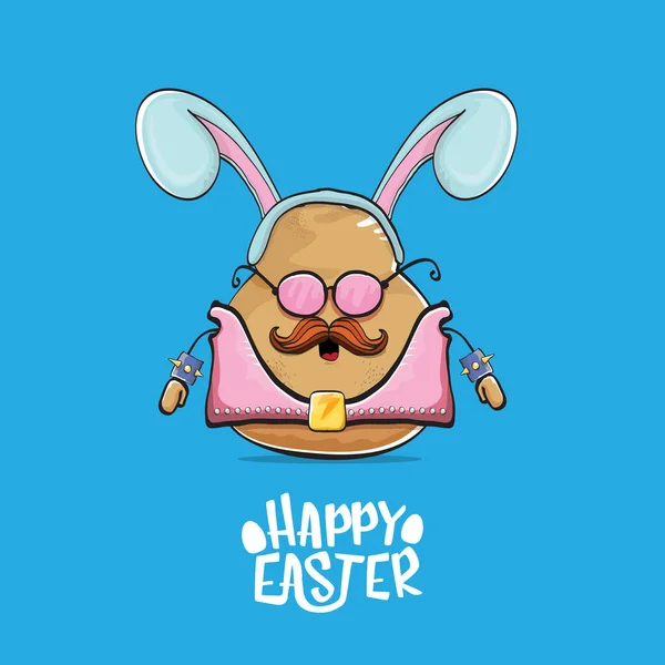 Vector rock star easter potato funny cartoon character with blue bunny ears isolated on blue background. rock n roll easter party poster or happy easter greeeting card — Stock Vector