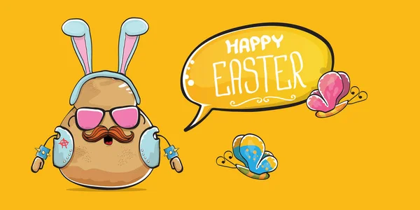 Vector rock star easter potato funny cartoon character with blue easter bunny ears isolated on orange horizontal banner background. rock n roll easter party poster or happy easter greeting card — Stock Vector