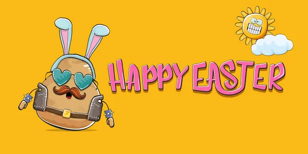 Vector rock star easter potato funny cartoon character with blue easter bunny ears isolated on orange horizontal banner background. rock n roll easter party poster or happy easter greeting card — Stock Vector