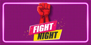 Gece vektör sancağını metin ve güçlü yumrukla dövün. Güreş ya da dövüş kulübü amblemi tasarım şablonu. dövüş etiketi neon menekşe arkaplanda izole edildi