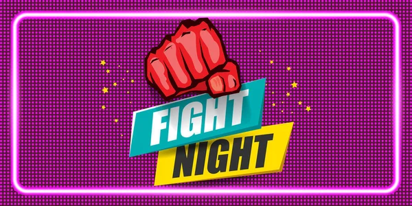 Fight night vector horizontal banner with text and strong fist. mma, wrestling or fight club emblem design template. fight label isolated on neon violet background — Stock Vector