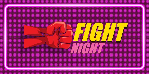 Fight night vector horizontales Banner mit Text und starker Faust. mma, wrestling oder fight club emblem design template. Kampf-Etikett isoliert auf neonviolettem Hintergrund — Stockvektor