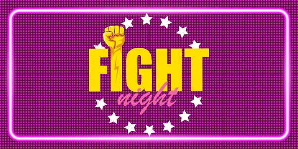 Fight night vector horizontales Banner mit Text und starker Faust. mma, wrestling oder fight club emblem design template. Kampf-Etikett isoliert auf neonviolettem Hintergrund — Stockvektor