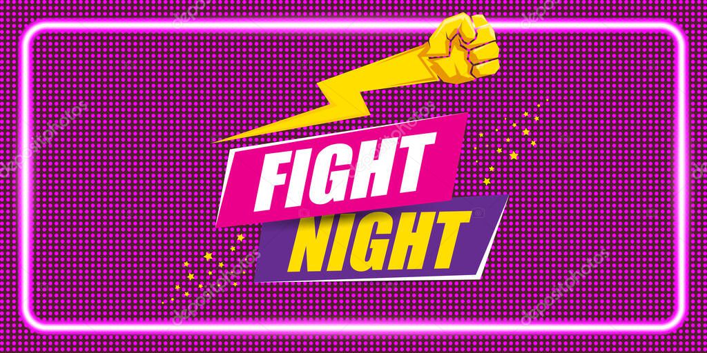 Fight night vector modern poster with text and strong fist. mma, wrestling or fight club emblem design template. fight label isolated on neon violet background