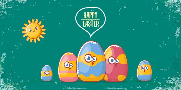 Щасливий Великодній мультяшний горизонтальний банер з кольоровими мультяшними яйцями персонаж ізолюється на гранжевому бірюзовому фоні. Вектор Щасливий Великодній творчий концепт ілюстрація — стоковий вектор