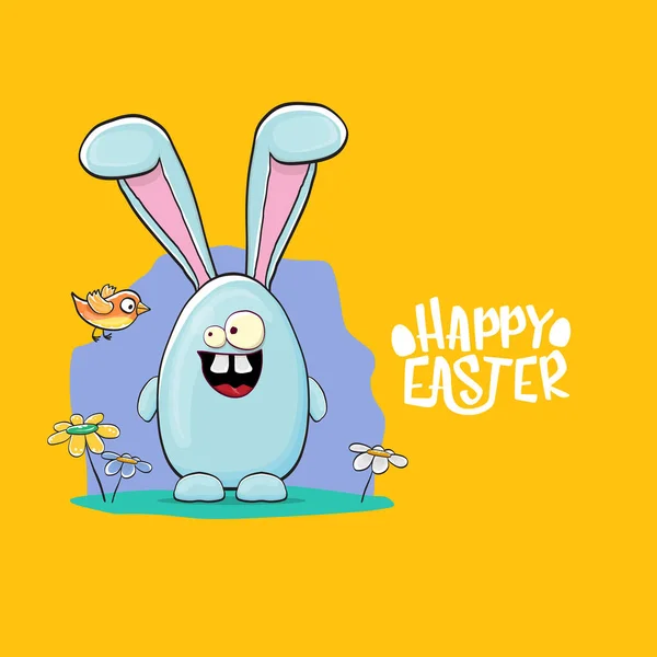 Frohe Ostern Grußkarte mit lustigen Cartoon lächelnden blauen Hasen. Handgezeichnetes Osterbanner oder Plakat mit flippigem Hasen. — Stockvektor