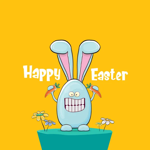 Frohe Ostern Grußkarte mit lustigen Cartoon lächelnden blauen Hasen. Handgezeichnetes Osterbanner oder Plakat mit flippigem Hasen. — Stockvektor