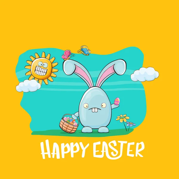 Frohe Ostern Grußkarte mit niedlichen Karikatur blauen Kaninchen hält Osterkorb mit Stapel von bunten Eiern. Ostereiersuche handgezeichnetes Konzept Illustration Banner. — Stockvektor