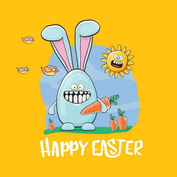 Frohe Ostern Grußkarte mit lustigen Cartoon lächelnden blauen Hasen. Handgezeichnetes Osterbanner oder Plakat mit flippigem Hasen. — Stockvektor