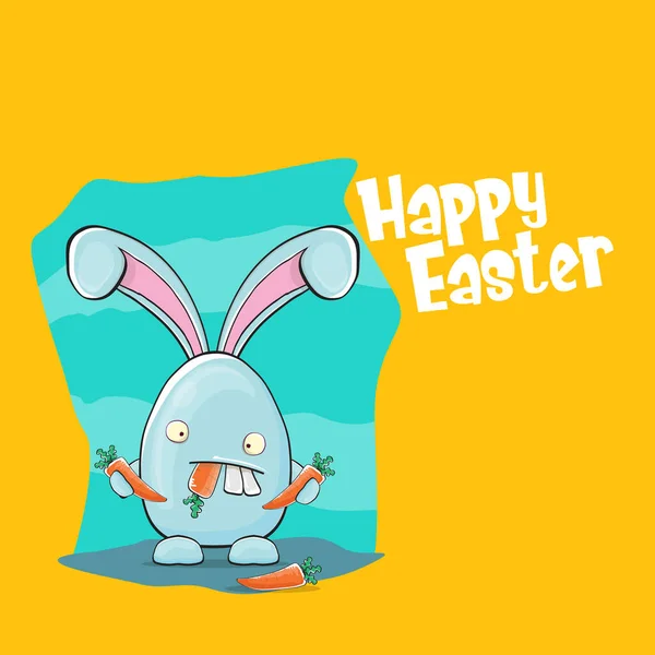 Frohe Ostern Grußkarte mit lustigen Cartoon lächelnden blauen Hasen. Handgezeichnetes Osterbanner oder Plakat mit flippigem Hasen. — Stockvektor