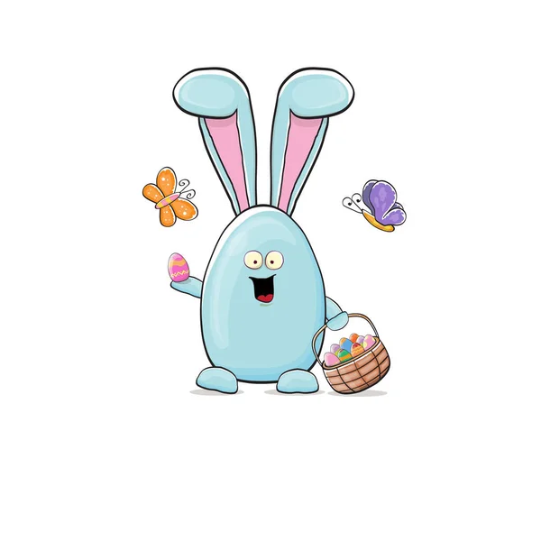 Dibujos animados divertido conejito de Pascua azul de dibujos animados que sostiene la espalda de Pascua con lleno de coloridos huevos de Pascua aislados en el fondo blanco. Etiqueta engomada o etiqueta de conejo lindo azul dibujado a mano Pascua — Archivo Imágenes Vectoriales