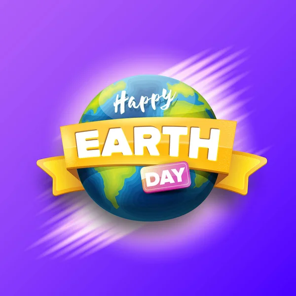 Cartoon Earth Day Grußkarte oder Banner mit Erdkugel isoliert auf violettem Himmel Hintergrund. Vector World Earth Day Konzept Plakatillustration mit Planet Erde am Himmel und Band mit Grußtext — Stockvektor