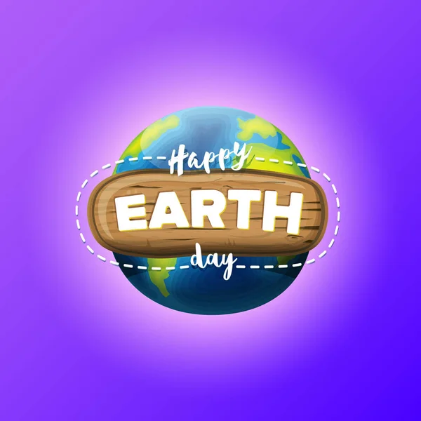 Cartoon Earth Day Grußkarte oder Banner mit Erdkugel isoliert auf violettem Himmel Hintergrund. Vector World Earth Day Konzept Plakatillustration mit Planet Erde am Himmel und Band mit Grußtext — Stockvektor