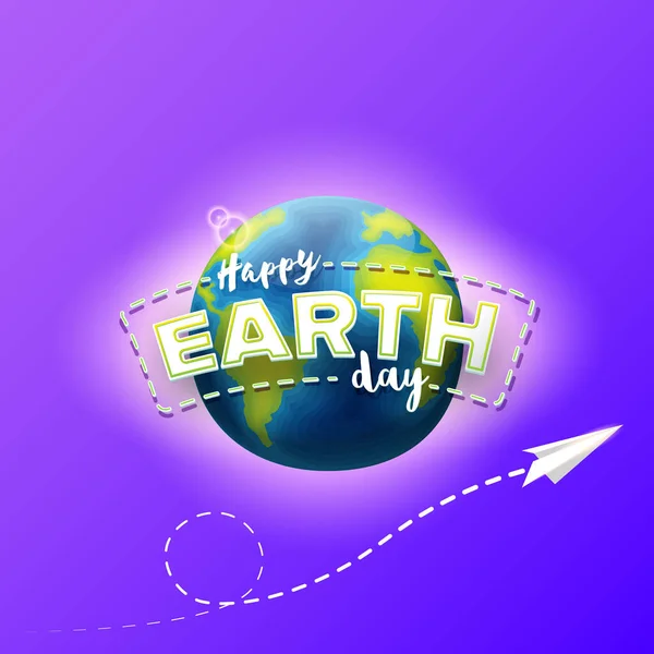 Cartoon Earth Day Illustration oder Banner mit Erdkugel und fliegendem Papierflugzeug isoliert auf violettem Himmel Hintergrund. Vector World Earth Day Konzept Plakatillustration mit Planet Erde im Weltraum — Stockvektor