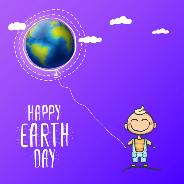 Cartoon Earth Day Illustration oder Banner mit kleinen netten Jungen Charakter hält in den Händen Luftballon mit Erdkugel. Vector World Earth Day Konzept Plakatillustration mit Planet Erde und lustigem Kind — Stockvektor